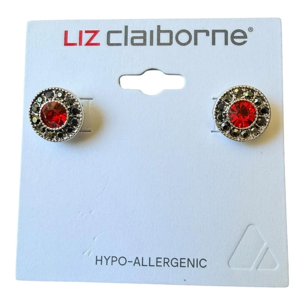 Vintage Liz Claiborne Red‎ Crystal Stud Earrings Sample One of a Kind 13mm